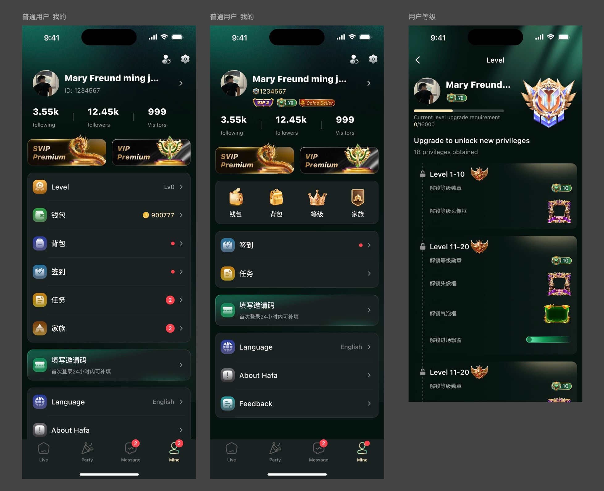 闫帅 · [Hafa 项目｜用户等级 / VIP / SVIP 体系] 完成用户等级、VIP、SVIP 等级体系相关 UI 初稿设计，初步确定等级视觉方向及整体展示形式；同时梳理并确定等级道具在产品内的展示位置，为后续等级体系深化设计提供基础。